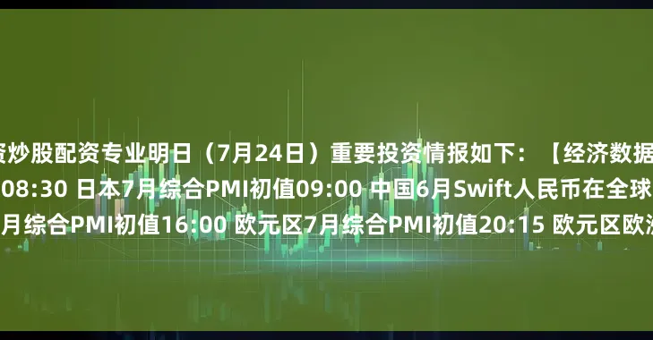 配资炒股配资专业明日（7月24日）重要投资情报如下：　　【经济数据】　　07:00 韩国二季度GDP初值　　08:30 日本7月综合PMI初值　　09:00 中国6月Swift人民币在全球支付中占比　　15:15 法国7月综合PMI初值　　16:00 欧元区7月综合PMI初值　　20:15 欧元区欧洲央行存款便利利率　　21:45 美国7月Markit制造业PMI初值　　【重大事件】　　10:00
